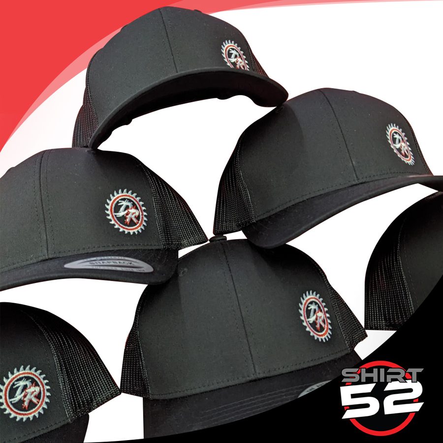 Embroidered logo on black flexfit caps